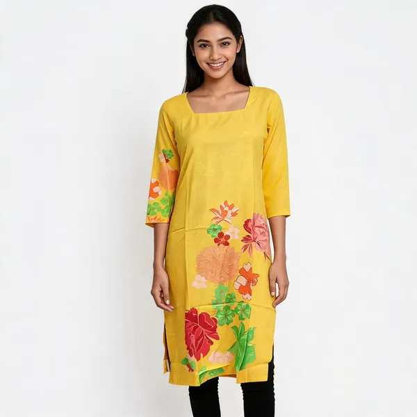 Yellow_Crepe_Floral_Print_Straight_Kurti_For_Women