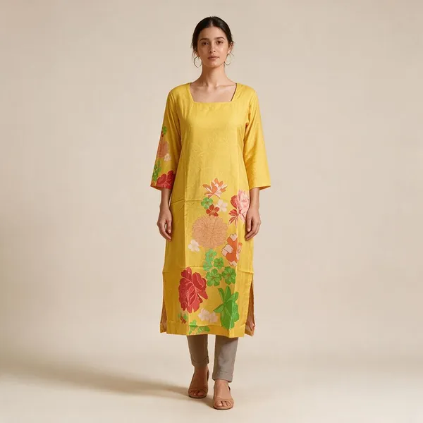 Yellow_Crepe_Floral_Print_Straight_Kurti_For_Women