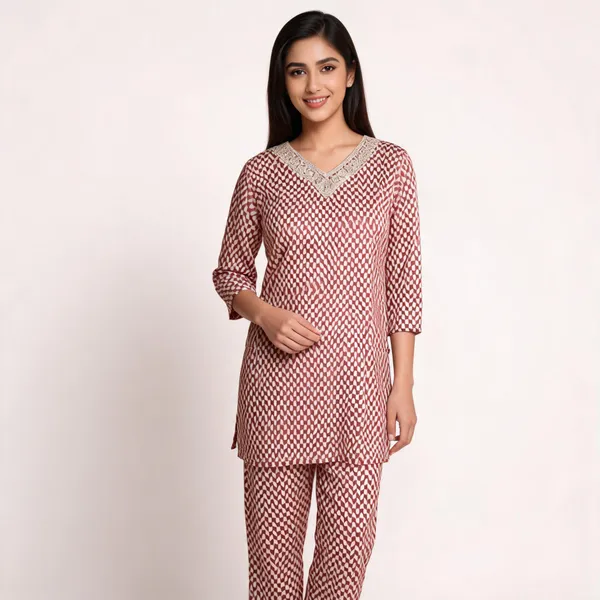 Maroon_&_Cream_Rayon_Straight_Printed_Kurta_Set_For_Women