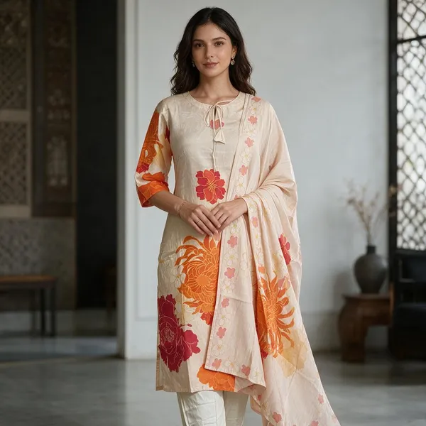 Cream_Rayon_Floral_Print_Ethnic_Kurta_Set_For_Women