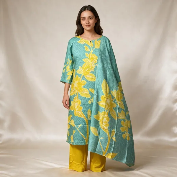Turquoise_Cotton_Floral_Print_Kurta_Set_For_Women