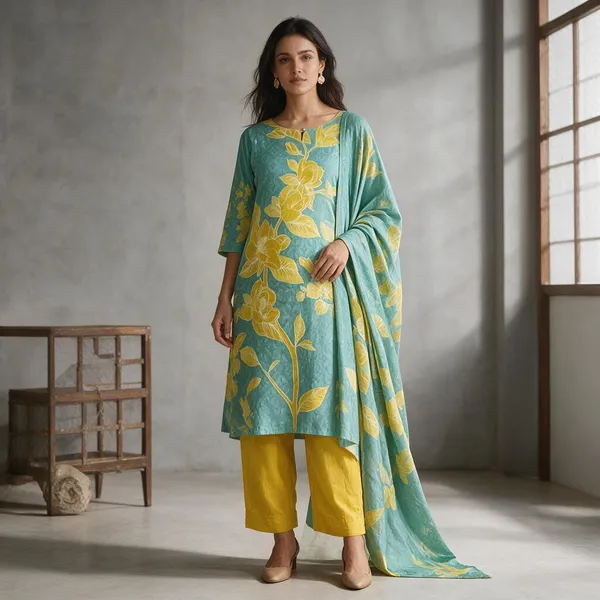 Turquoise_Cotton_Floral_Print_Kurta_Set_For_Women