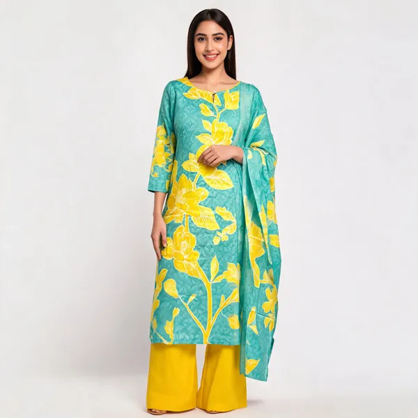 Turquoise_Cotton_Floral_Print_Kurta_Set_For_Women