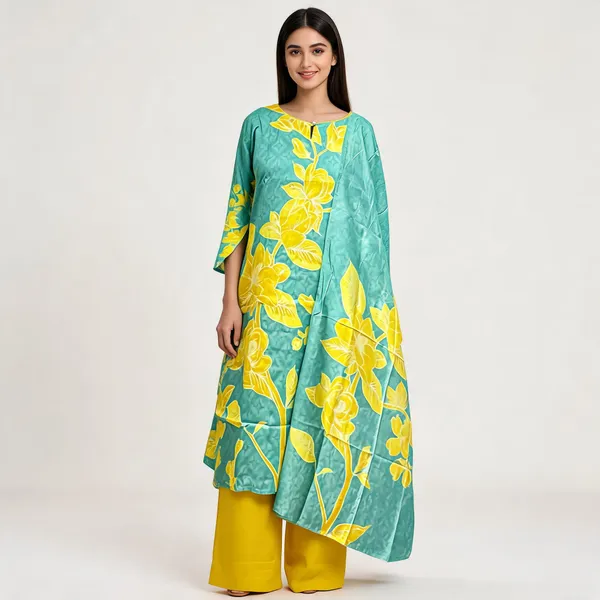 Turquoise_Cotton_Floral_Print_Kurta_Set_For_Women