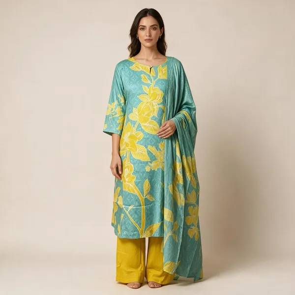 Turquoise_Cotton_Floral_Print_Kurta_Set_For_Women