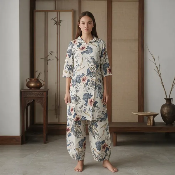 White_Silk_Blend_Floral_Print_Night_Suit_For_Women