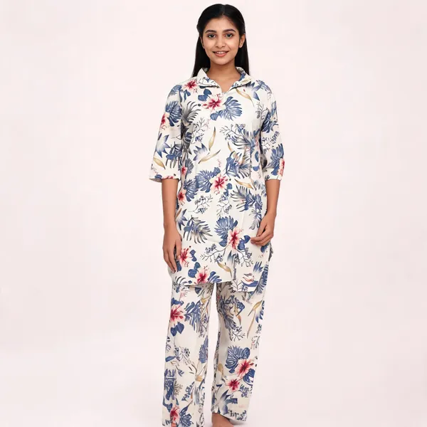 White_Silk_Blend_Floral_Print_Night_Suit_For_Women