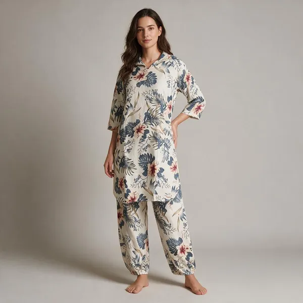 White_Silk_Blend_Floral_Print_Night_Suit_For_Women