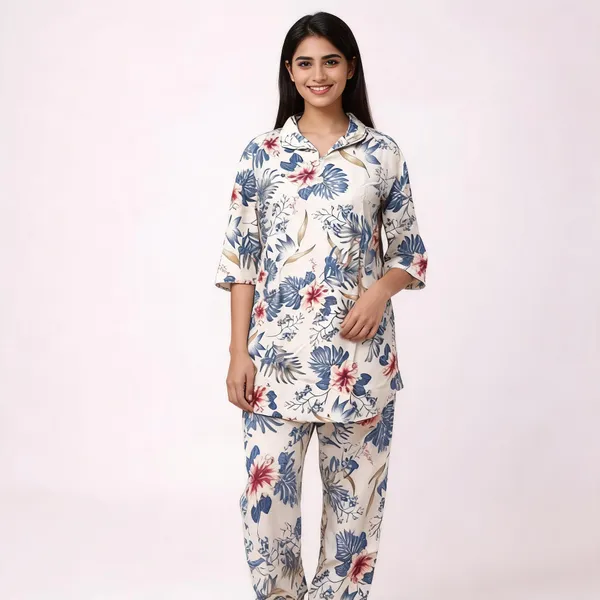 White_Silk_Blend_Floral_Print_Night_Suit_For_Women