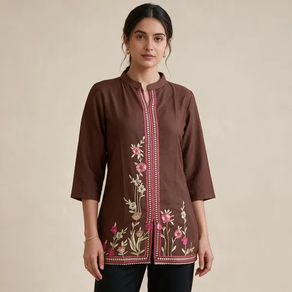 Brown_Natural_Crepe_Embroidered_Straight_Kurti_For_Women