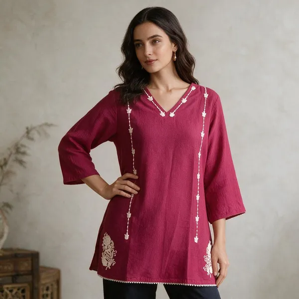 Pink_Vatican_Silk_Embroidered_V_Neck_Kurti_For_Women