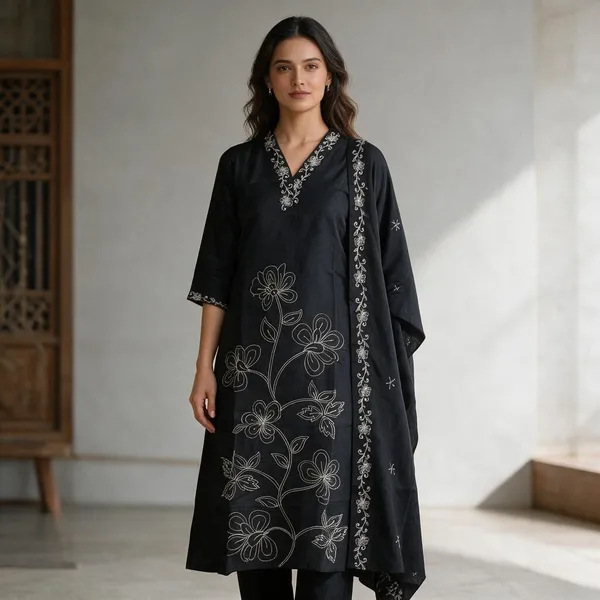 Black_Chanderi_Silk_Embroidered_Straight_Kurta_Set_For_Women
