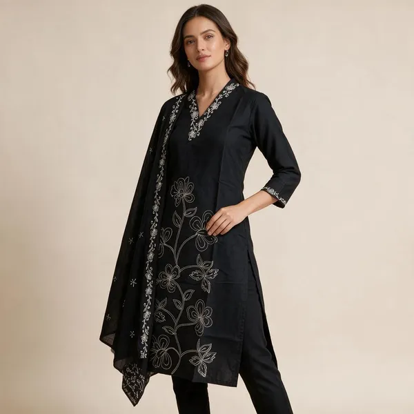 Black_Chanderi_Silk_Embroidered_Straight_Kurta_Set_For_Women