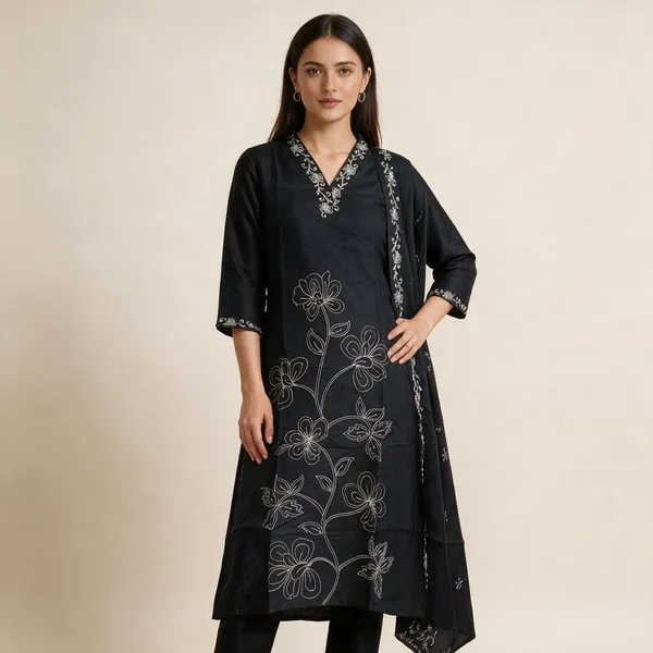 Black_Chanderi_Silk_Embroidered_Straight_Kurta_Set_For_Women