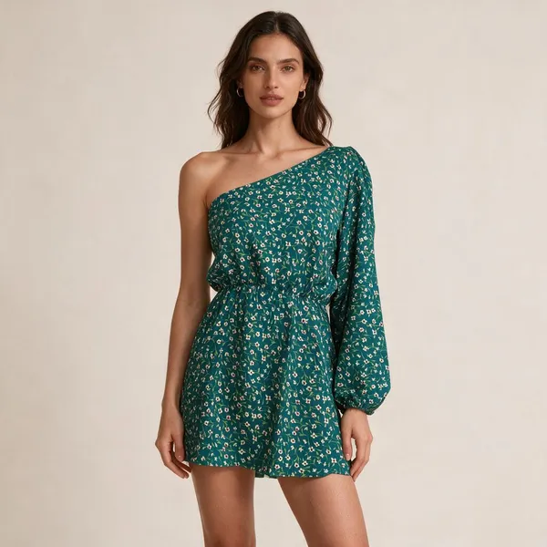 Green_Crepe_Floral_One_Shoulder_Dress_For_Women