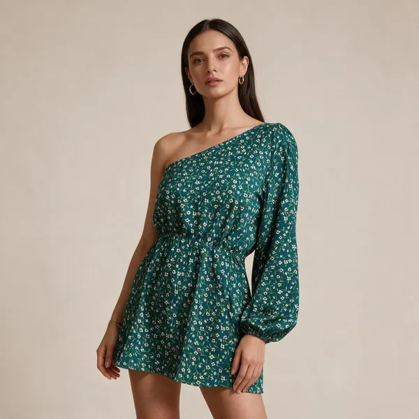 Green_Crepe_Floral_One_Shoulder_Dress_For_Women