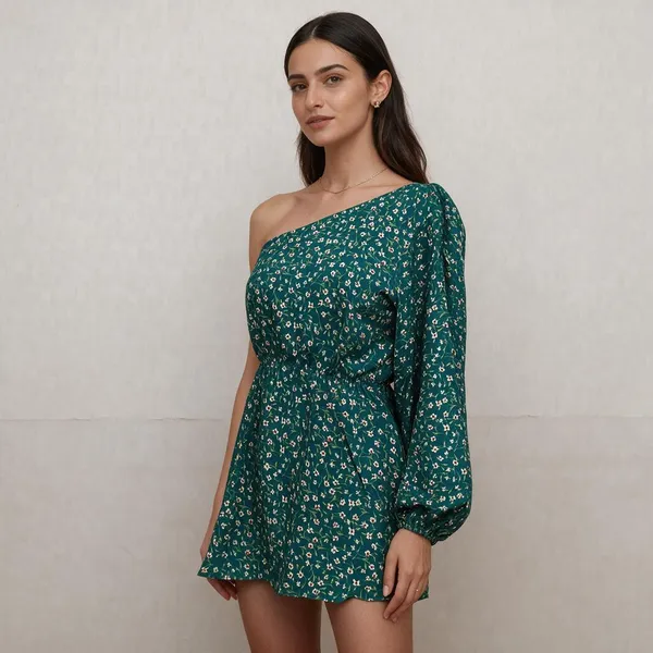 Green_Crepe_Floral_One_Shoulder_Dress_For_Women