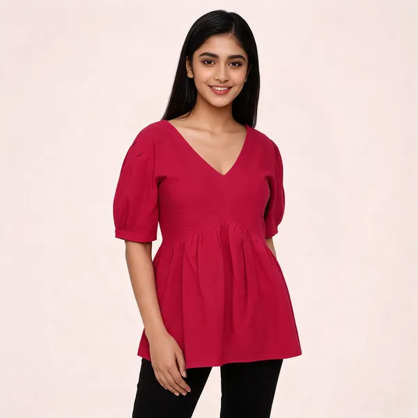 Red_Poly_Georgette_Gathered_V_Neck_Top_For_Women