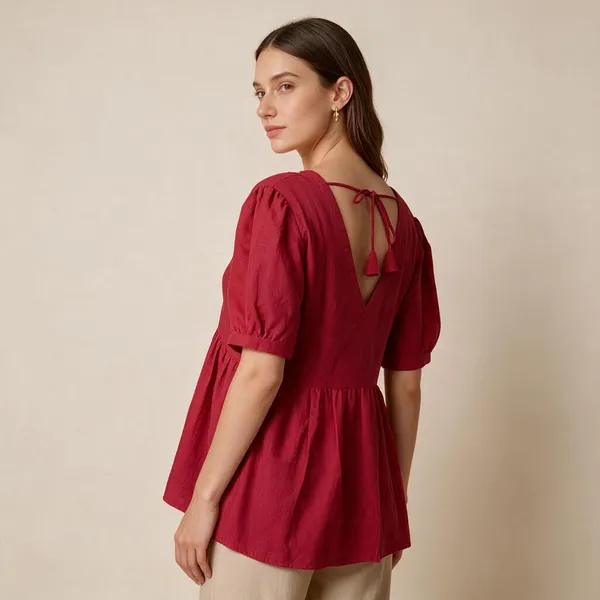 Red_Poly_Georgette_Gathered_V_Neck_Top_For_Women