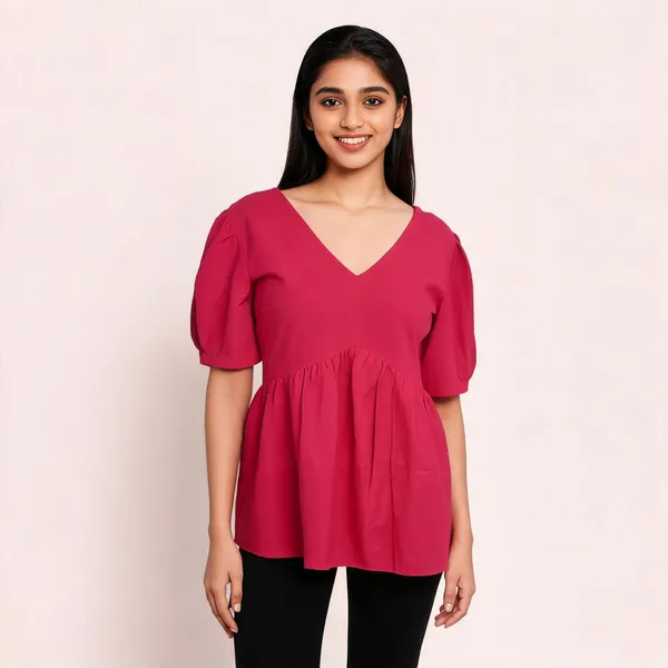 Red_Poly_Georgette_Gathered_V_Neck_Top_For_Women