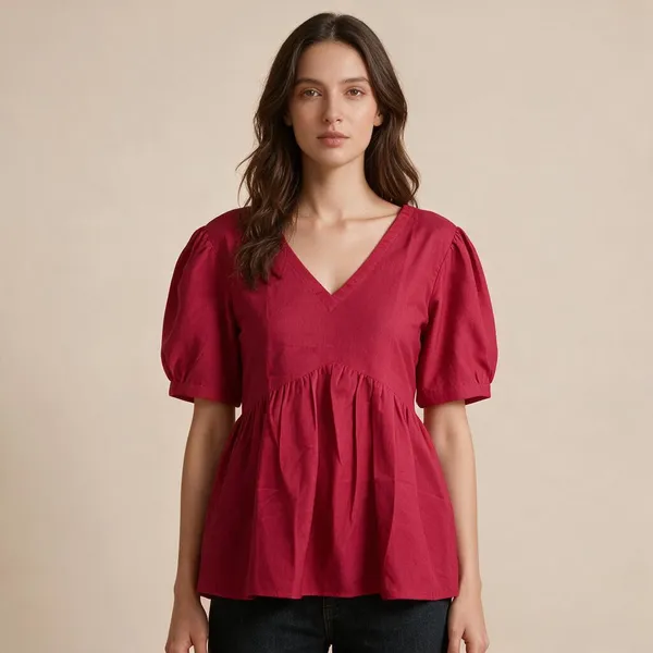 Red_Poly_Georgette_Gathered_V_Neck_Top_For_Women
