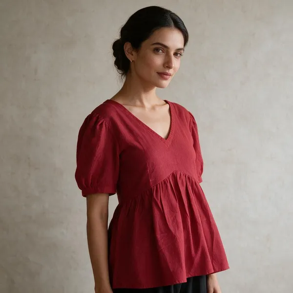 Red_Poly_Georgette_Gathered_V_Neck_Top_For_Women