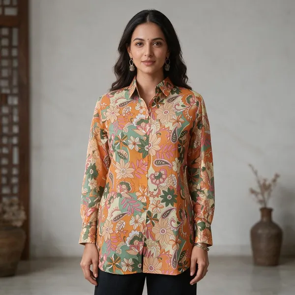 Orange_Vatican_Silk_Floral_Print_Longline_Shirt_Tunic_For_Women