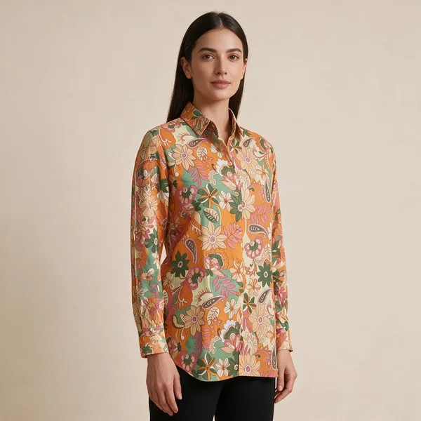 Orange_Vatican_Silk_Floral_Print_Longline_Shirt_Tunic_For_Women