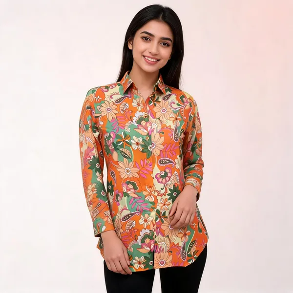 Orange_Vatican_Silk_Floral_Print_Longline_Shirt_Tunic_For_Women