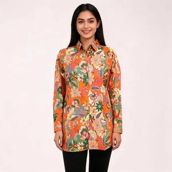 Orange_Vatican_Silk_Floral_Print_Longline_Shirt_Tunic_For_Women