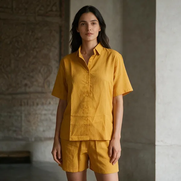 Mustard_Vatican_Silk_Casual_Shirt_And_Shorts_Set_For_Women