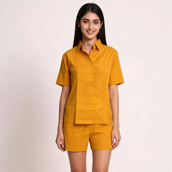 Mustard_Vatican_Silk_Casual_Shirt_And_Shorts_Set_For_Women