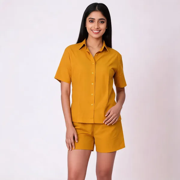 Mustard_Vatican_Silk_Casual_Shirt_And_Shorts_Set_For_Women