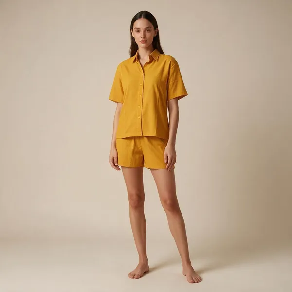 Mustard_Vatican_Silk_Casual_Shirt_And_Shorts_Set_For_Women