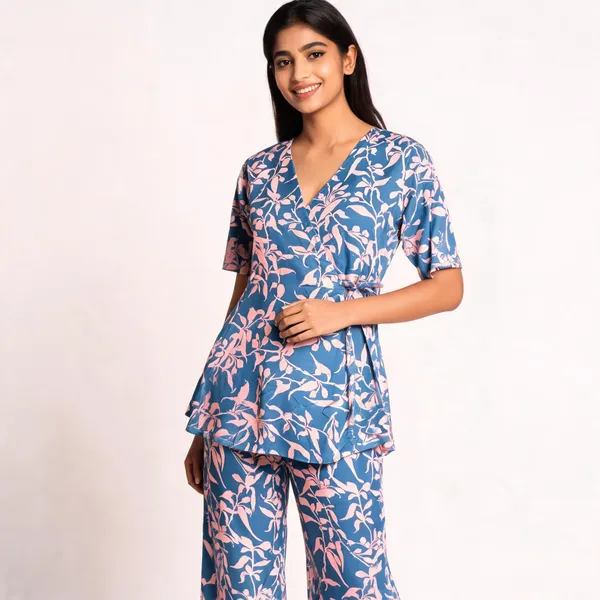 Blue_Vatican_Silk_Floral_Print_Relaxed_Fit_Loungewear_Set_For_Women