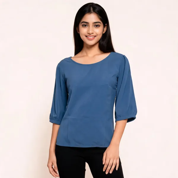 Blue_Vatican_Silk_Relaxed_Round_Neck_Three_Quarter_Sleeve_Top_For_Women