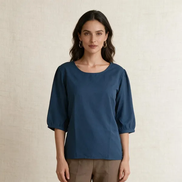 Blue_Vatican_Silk_Relaxed_Round_Neck_Three_Quarter_Sleeve_Top_For_Women