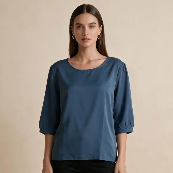 Blue_Vatican_Silk_Relaxed_Round_Neck_Three_Quarter_Sleeve_Top_For_Women