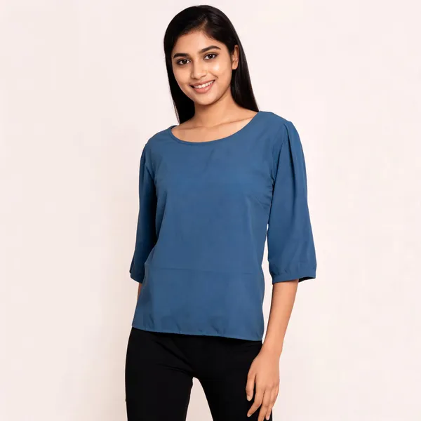 Blue_Vatican_Silk_Relaxed_Round_Neck_Three_Quarter_Sleeve_Top_For_Women