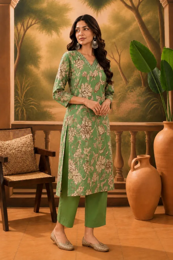 Green_Pure_Cotton_Floral_Print_Straight_Kurta_Set_For_Women