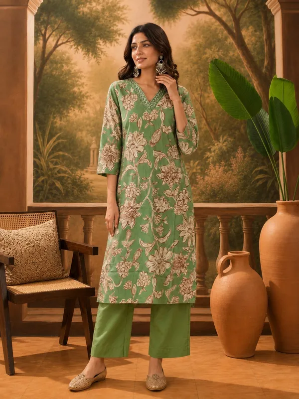 Green_Pure_Cotton_Floral_Print_Straight_Kurta_Set_For_Women