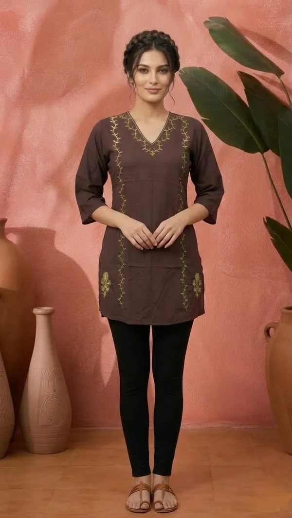 Brown_Jacquard_Silk_Embroidered_Straight_Kurti_For_Women