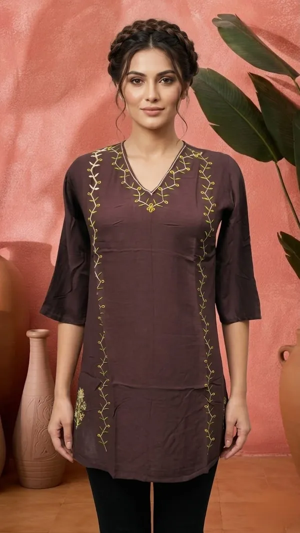 Brown_Jacquard_Silk_Embroidered_Straight_Kurti_For_Women