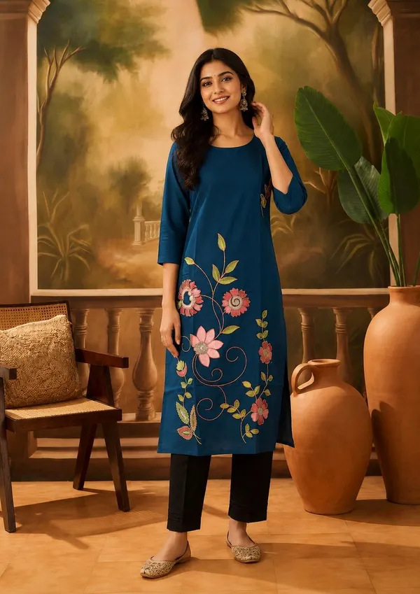 Blue_Vatican_Silk_Embroidered_Straight_Kurta_For_Women