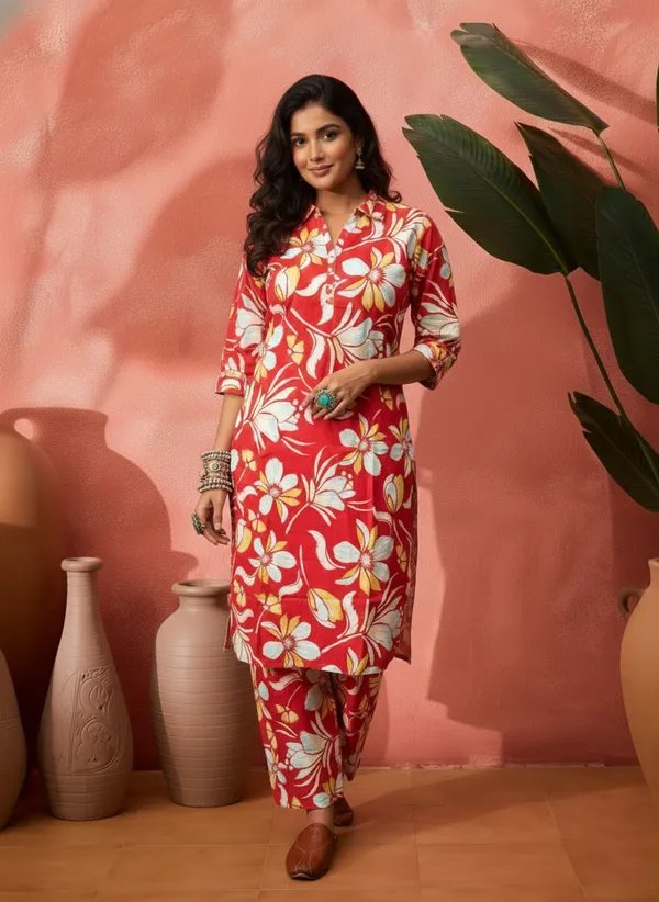 Red_Rayon_Floral_Print_Kurta_Set_For_Women