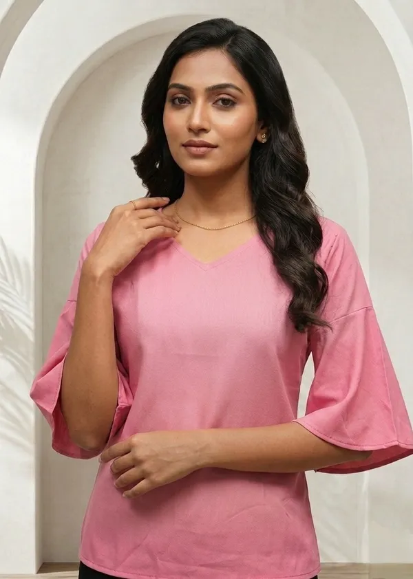 Pink_Vatican_Silk_V_Neck_Flared_Sleeve_Top_For_Women