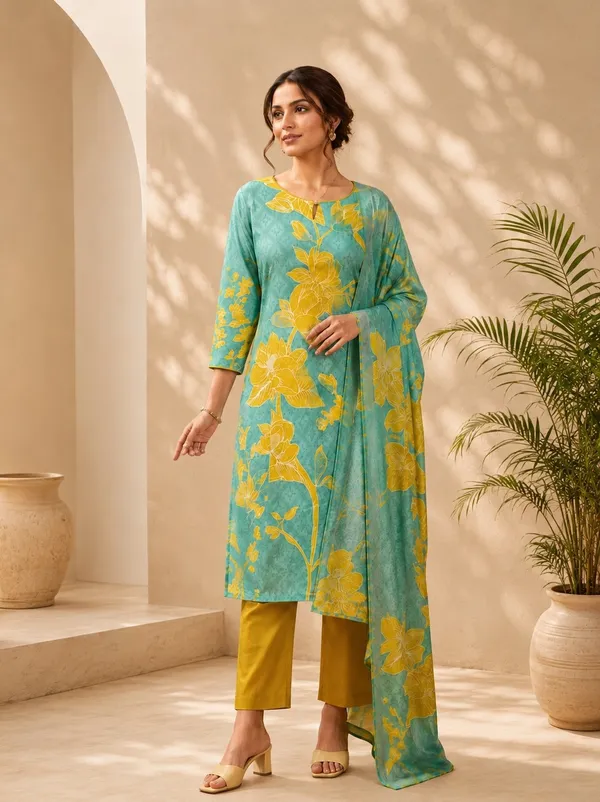 Turquoise_Cotton_Floral_Print_Kurta_Set_For_Women