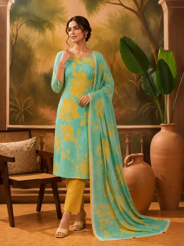 Turquoise_Cotton_Floral_Print_Kurta_Set_For_Women