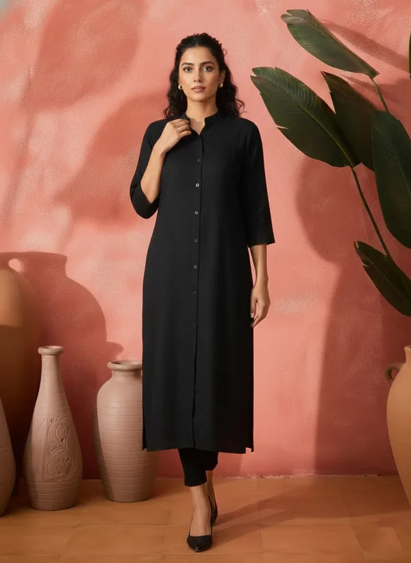 Black_Vatican_Silk_Straight_Mandarin_Collar_Kurta_For_Women