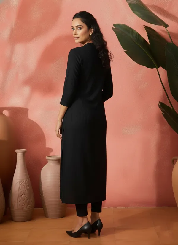 Black_Vatican_Silk_Straight_Mandarin_Collar_Kurta_For_Women